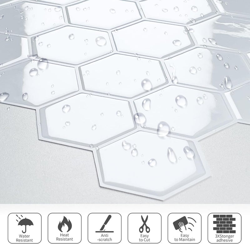 MOONFUN White Hexagon Peel and Stick Backsplash,12" x 12" Self Adhesive Back Splash Honeycomb Stick on Wall Tile for Kitchen,Bathroom,Fireplace,RV(10 Sheets) - Image 4